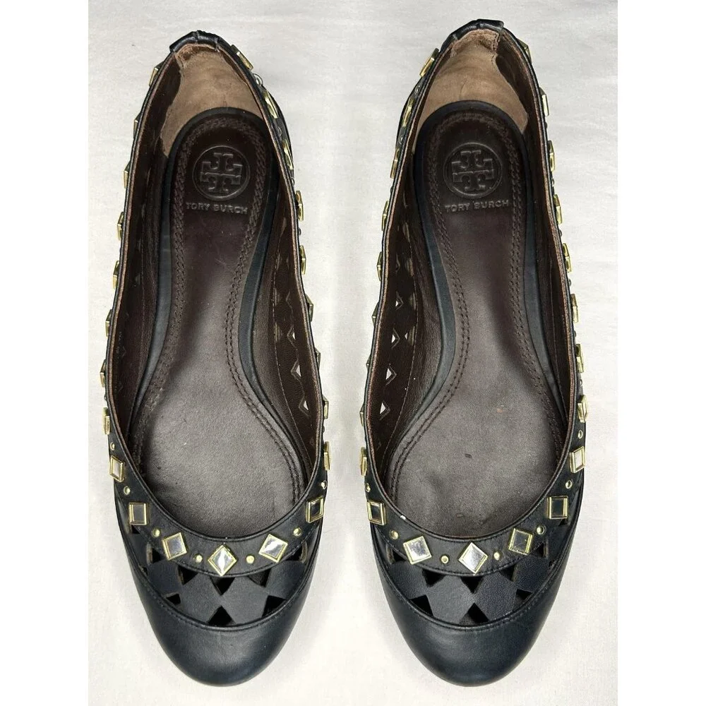 Tory Burch Shoes Womens 7 Black Kingsbridge Leather Ballet Flats Mirrored Cutout